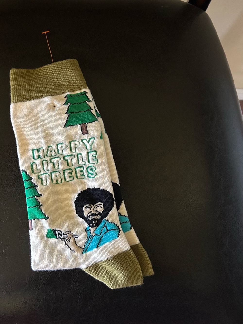 Bob Ross 'Happy Little Trees' Cream & Green Crew Socks